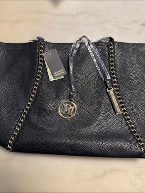 Badgley Mischka Black Pebbled Tote with Gold Chain Trim